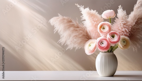 Pink Ranunculus And Pampas Grass In White Ceramic Vase