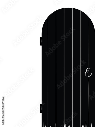 Old black wooden arched door with handle and hinges on transparent background vector illustration