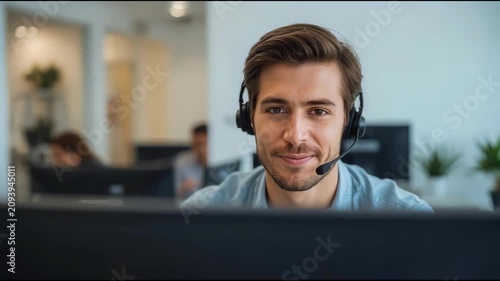 Friendly customer service representative headset smiling computer smiling professional call center
