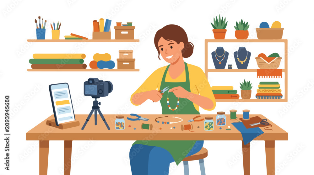 Fototapeta premium A female artisan creates a colorful beaded necklace in her studio while filming a tutorial for her social media followers using a camera.