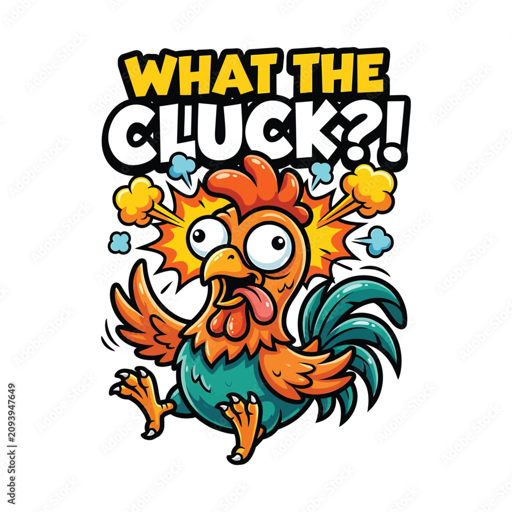Fototapeta premium Funny What The Cluck Chicken Mascot with Explosive Typography Cartoon Vector Illustration