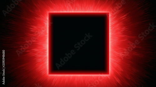 A bright red square frame with a soft glow radiates sharp, energetic light rays outwards into a dark, abstract space, creating a sense of dynamic illumination.