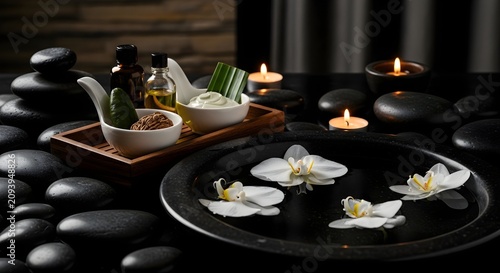 Luxurious spa scene with smooth black stones, delicate white orchids, glowing candles, and natural wellness products, evoking deep relaxation and serene well-being