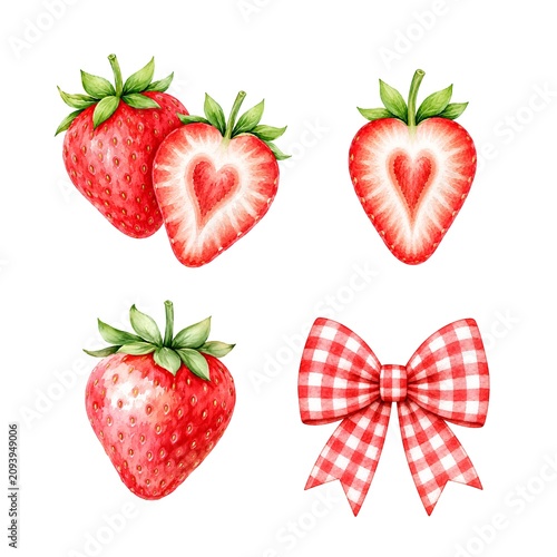  Strawberry Watercolor Clipart Set with Heart-Shaped Fruit and Plaid Bow