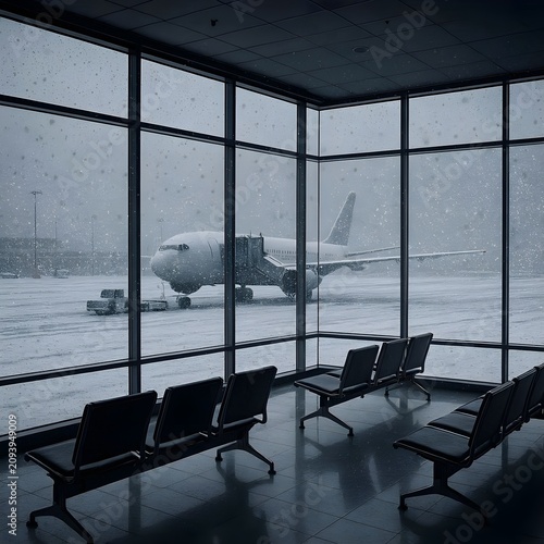 Commercial Airplane Parked at Gate During Heavy Snowstorm Blizzard Viewed from Empty Waiting Lounge