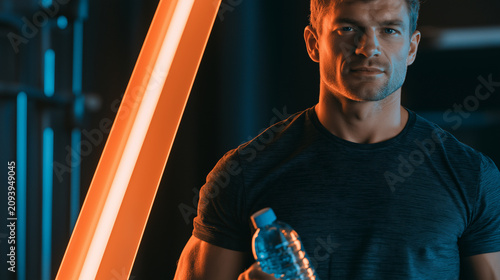 A handsome, muscular man with short brown hair and a serious expression holds a clear water bottle while standing in a gym with dramatic orange and blue lighting.