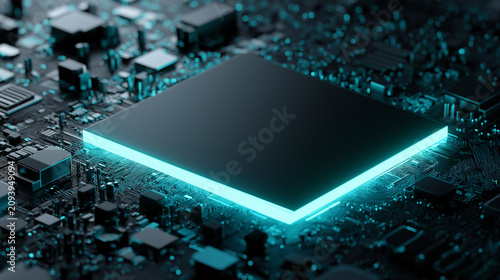 A close-up view of a dark, rectangular chip is highlighted by a radiant cyan neon border on a complex circuit board covered in small, glowing blue lights.