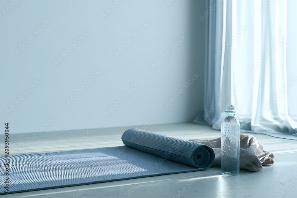 Fototapeta premium Rolled yoga mat in bright minimalist home corner