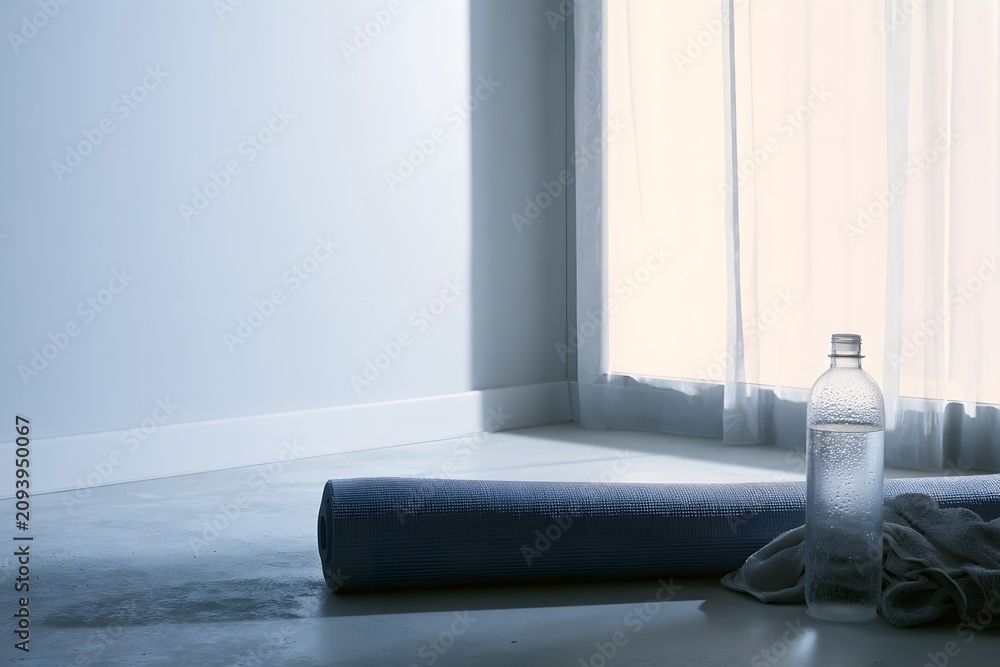 Fototapeta premium Sunlit home yoga corner with rolled mat and water bottle