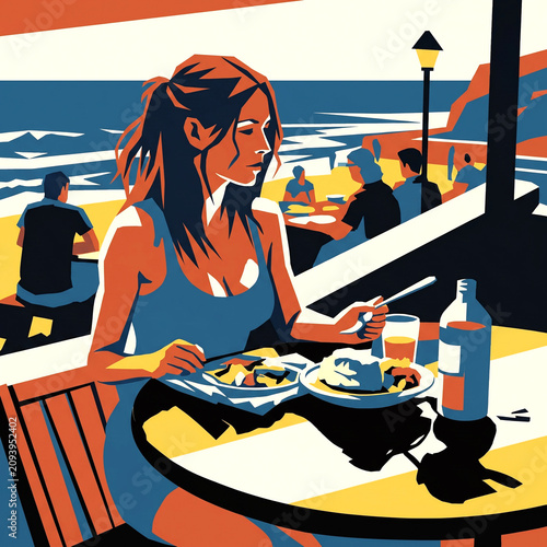 woman having breakfast or lunch in cafe near the beach Graphic poster style illustration