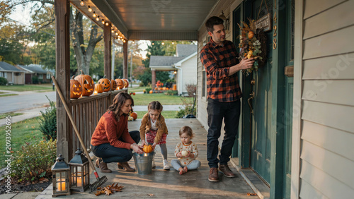 Family decorating their home for fall with pumpkins and a wreath.