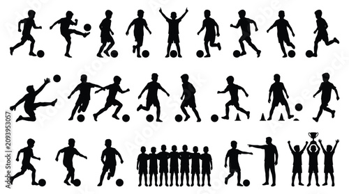 A collection of silhouetted soccer players in various action poses, demonstrating different movements and skills on the field.