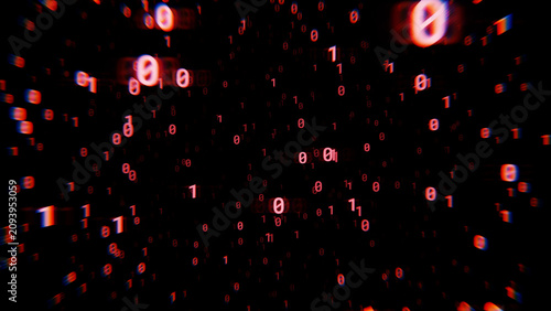Glowing red binary digits moving through an abstract dark space, symbolizing the endless flow of digital data and the complex architecture of modern technology