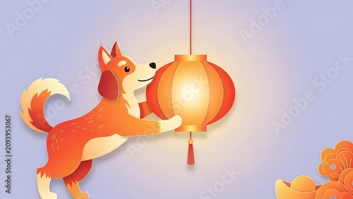 Cute Orange Dog with a Prosperity Red Chinese Lantern Illustration
