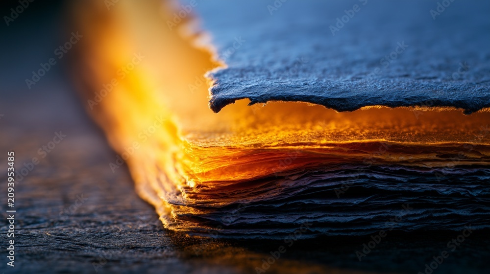 Fototapeta premium Hand-torn mulberry paper sheets in indigo and amber tones