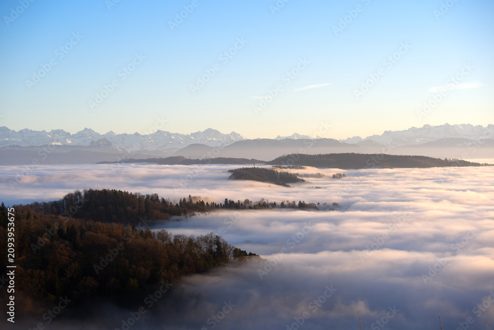 Fototapeta premium Rural landscape with woodland and sea of fog with Swiss Alps in the background at local mountain Uetliberg on an autumn sunset. Photo taken December 13th, 2025, Zurich Uetliberg, Switzerland.
