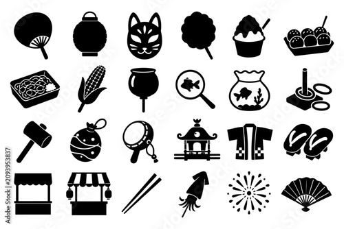 Japanese summer festival game silhouette icon set