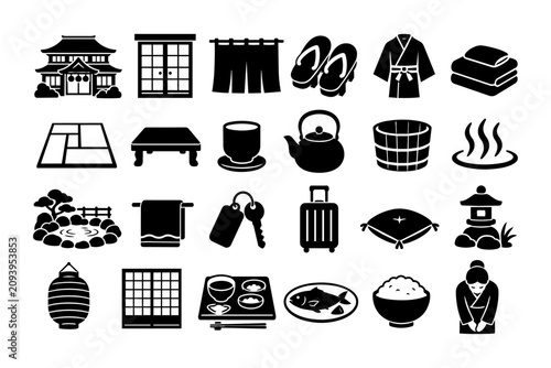 Japanese ryokan and onsen stay silhouette icon set