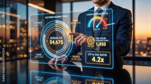 Customer lifetime value analytics dashboard operated by professional hands through a glowing holographic interface displaying CLV segmentation churn prediction customer profitability and marketing per