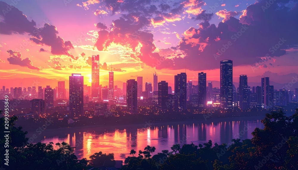 Fototapeta premium Vibrant sunset bathes a distant cityscape in warm hues, with mirrored reflection on water