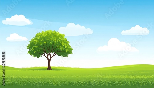 Cartoon depiction of a vibrant, sunny landscape with a single lush green tree and puffy clouds