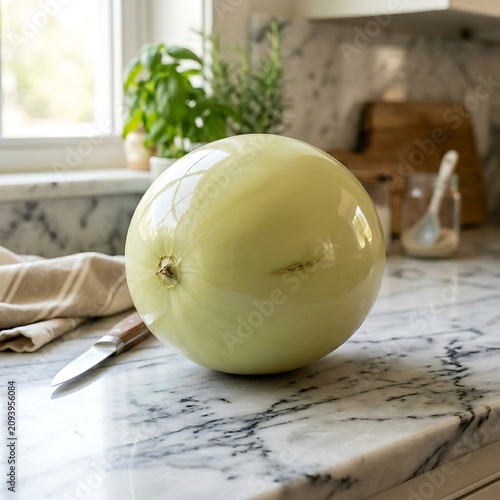 Fresh green apple on rustic wooden table.