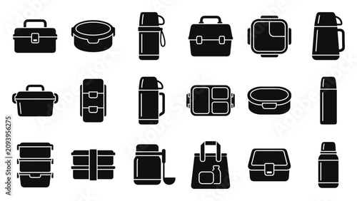 Schilderij op canvas Lunch box and thermos flask vector icon set featuring insulated food containers, portable meal carriers, bento boxes, tiffin storage, coffee thermoses and picnic bags for daily meal transport