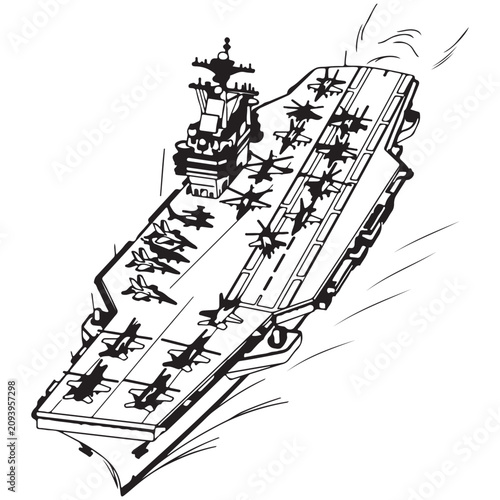 Photography Aircraft carrier vector illustration with fighter jets on flight deck for naval