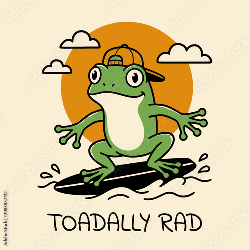 Photography Green frog wearing baseball cap surfing 1.