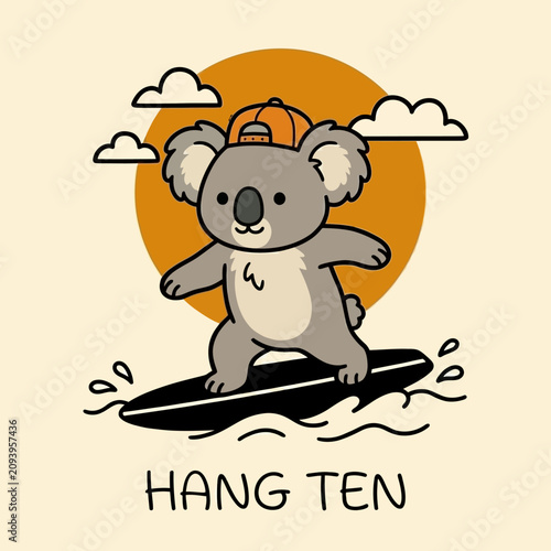 Photography Koala surfing on a board happily.
