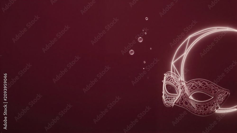 Fototapeta premium Elegant mask glows softly beside floating bubbles against deep maroon backdrop.