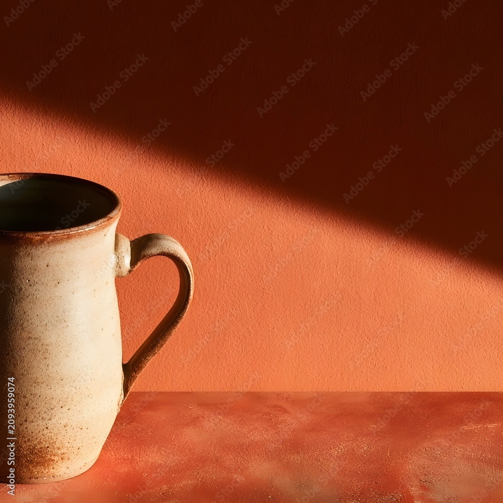 Fototapeta premium Handmade ceramic mug with dramatic diagonal shadow on terracotta wall