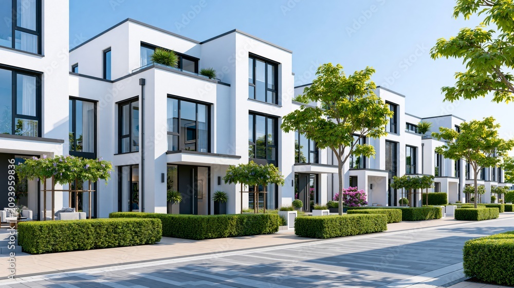 Obraz premium Modern semi-detached houses with clean design and greenery along a paved street under clear blue sky Generative AI