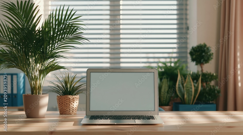 Fototapeta premium Laptop on a wooden desk in a modern home office workspace with indoor plants window