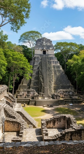 Ancient Mayan Temple Ruins in Tropical Forest.