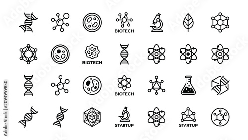 Black and white line icons for science and biotechnology concepts  DNA double helix  molecular structures  cells  microscopes  atoms  startup  leaf  biotech  chemistry