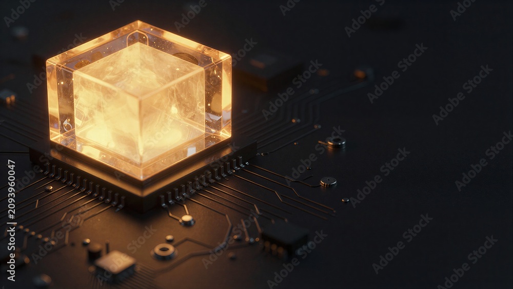 Fototapeta premium Luminous crystal cube sits atop circuit board, glowing warmly against dark tech background.