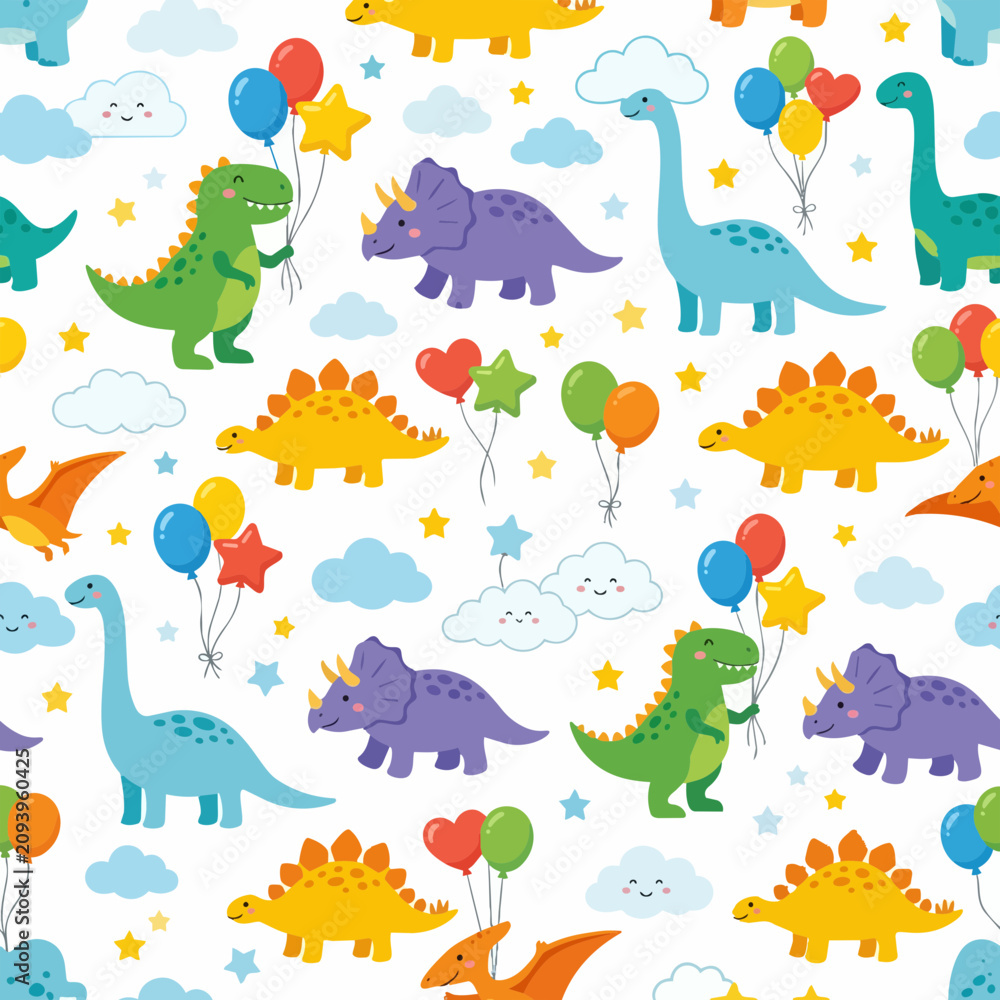 Fototapeta premium Cute Dinosaur Pattern with Balloons and Clouds vector illustration