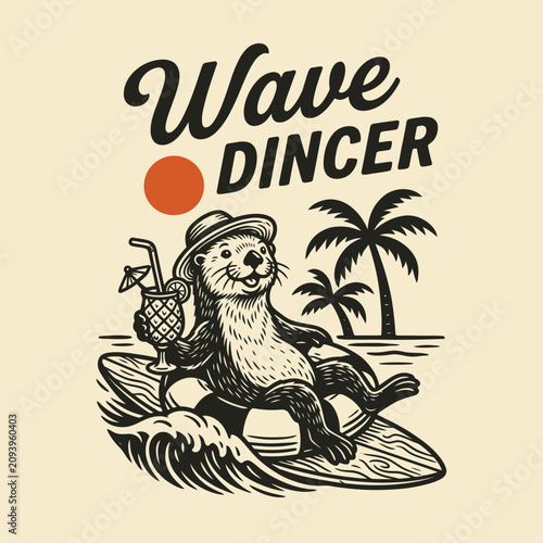 Photography Otter surfing on a board smiling.