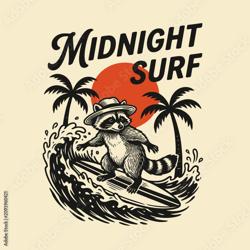 Photography Raccoon wearing a hat surfing wave.
