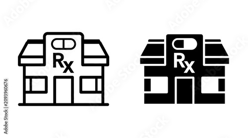 Set of pharmacy building icons with prescription symbol and pill sign.