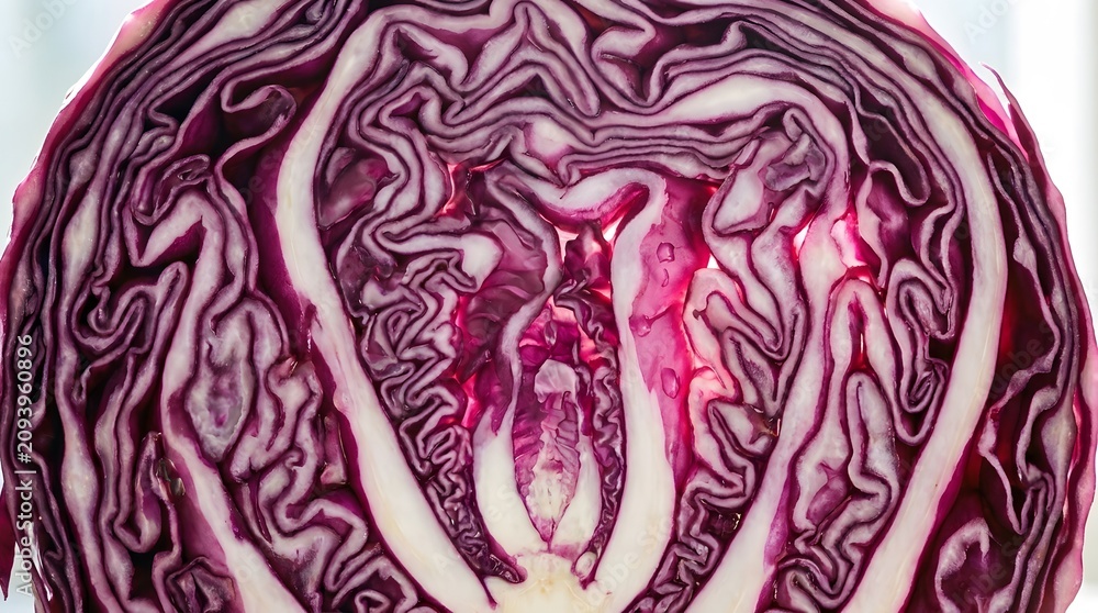 Fototapeta premium Cross section of vibrant purple cabbage showing intricate internal leaf patterns.