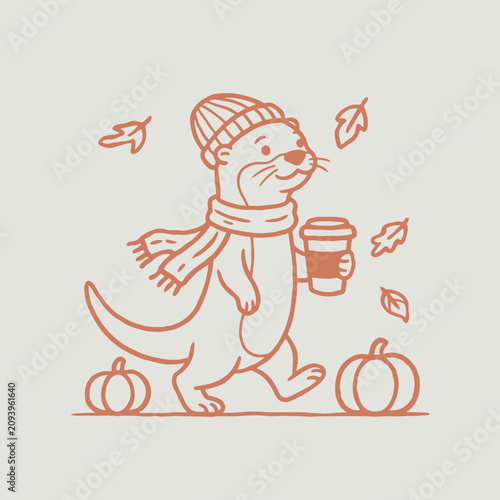 Otter wearing scarf and hat walking.