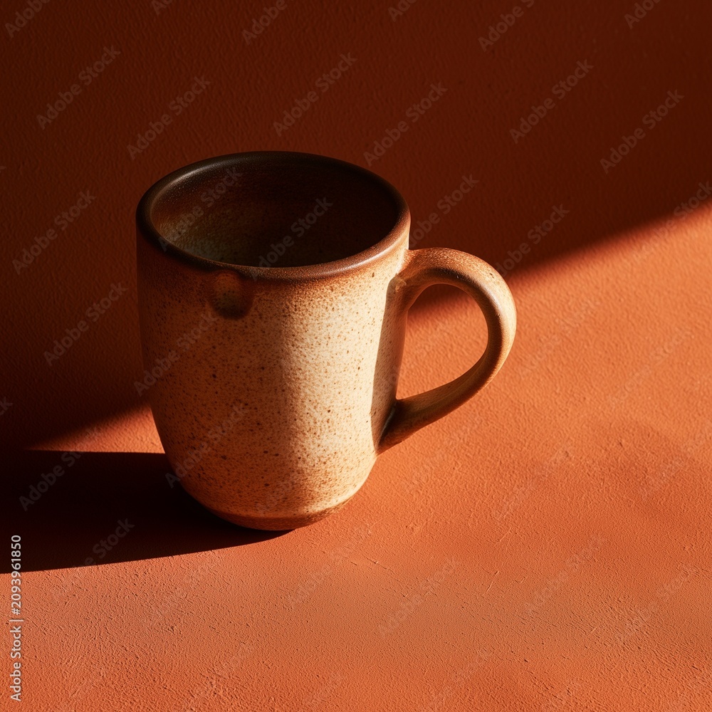 Fototapeta premium Handmade Ceramic Mug on Terracotta Background with Long Shadow