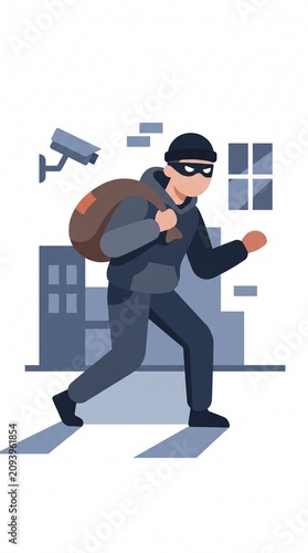 Flat vector illustration of a masked burglar carrying a stolen bag, representing theft, robbery, crime, security risks, and criminal activity concepts.