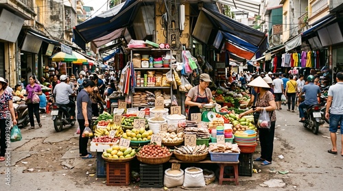 Vibrant local street market in Vietnam featuring fresh tropical fruits, vegetables, and vendors selling produce to customers in a busy alley