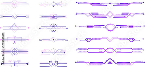 Cuadro en lienzo A comprehensive set of futuristic purple tech dividers and digital geometric lines for sci-fi interface or gaming hud layout designs
