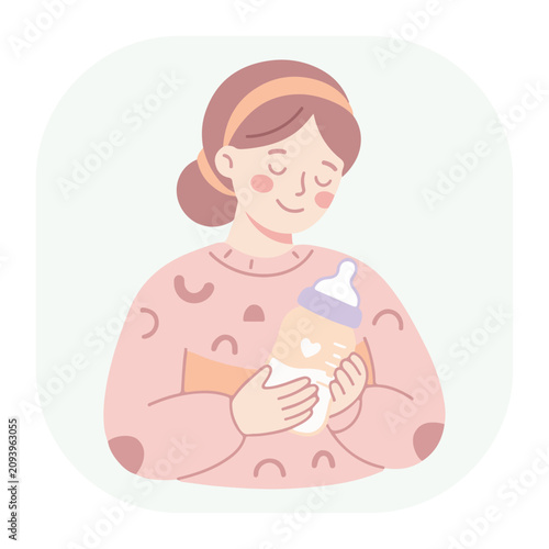 Mother holding a baby bottle, cute vector flat illustration