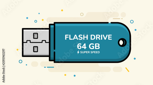 Tableau sur toile Flash drive featuring sixty-four gigabytes of storage capacity is displayed as a flat graphic illustration