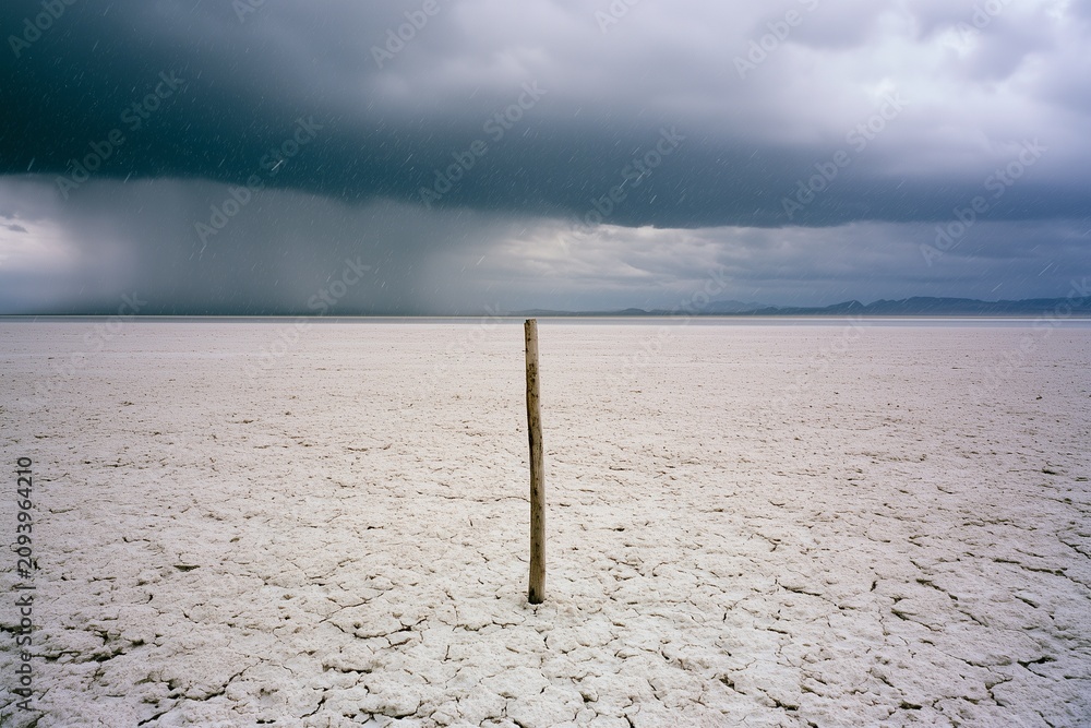 Fototapeta premium Hailstorm Sweeping Across Vast Cracked Salt Flat